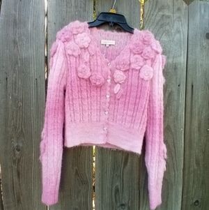 FUZZY ROMANTIC ROSE GARDEN CROP CARDIGAN TEENS L POM KNIT FAUX MOHAIR NEW